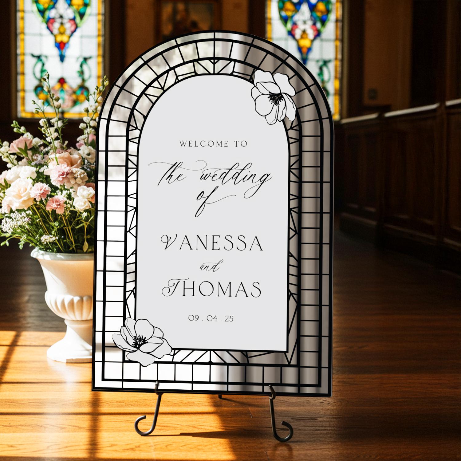 Wedding Sign, Stained Glass Wedding Welcome Sign, Printed Acrylic Mirror Wedding Sign, Floral Wedding Decorations