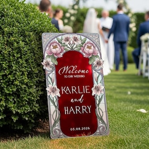 Stained Glass Wedding Sign, Pink Floral Mirror Wedding Welcome Sign, Printed Mirrored Or Acrylic Wedding Entrance Sign Red Acrylic Mirror