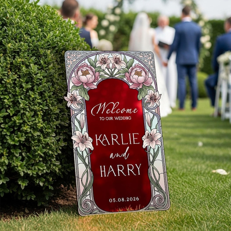 Stained Glass Wedding Sign, Pink Floral Mirror Wedding Welcome Sign, Printed Mirrored Or Acrylic Wedding Entrance Sign Red Acrylic Mirror