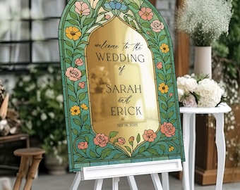 Stained Glass Wildflowers Wedding Sign, Floral Mirror Wedding Welcome Sign, Printed Frosted Acrylic Wedding Sign, Wildflower Wedding Decor