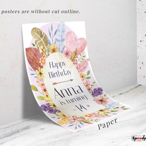 May include: A rectangular paper poster featuring a watercolor design with feathers, flowers, and a heart. The text reads: Paper posters are without cut outline. Happy Birthday Anna is turning 14. The poster has a light purple background with floral accents.