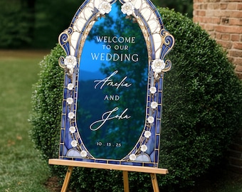 Blue Stained Glass Floral Wedding Sign, Cream Roses Wedding Welcome Sign, Printed Mirror Or Acrylic Wedding Entrance Sign