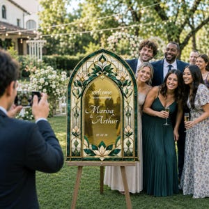 May include: An arched wedding welcome sign featuring a stained glass-style border with green and cream floral patterns. The center is gold with white text reading: welcome to our wedding, Marisa & Arthur, 05.02.26. The sign stands on a wooden easel.