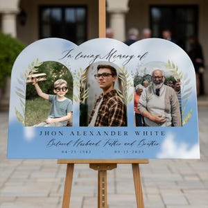 In Loving Memory Sign, Funeral Welcome Sign, Celebration of Life Welcome Sign, Personalized Memorial Sign With 3 Photo Collage Silver Mirror