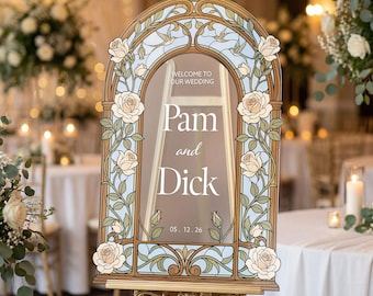 Cream Roses Stained Glass Wedding Sign, Custom Acrylic Wedding Welcome Signs, Welcome To Our Wedding Signage, Floral Wedding Decorations