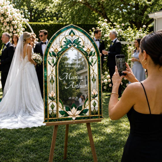 Emerald Green Wedding Welcome Sign,  Floral Stained Glass Wedding Sign, Welcome To Our Wedding Sign, Printed Wedding Signs