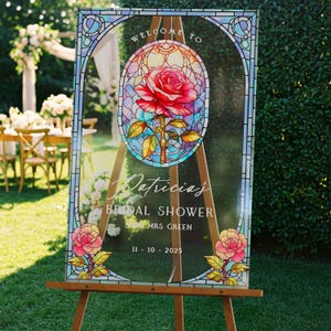 Roses Stained Glass Bridal Shower Sign, Custom Blue Tiles Bridal Shower Welcome Sign, Floral Bridal Shower Decorations