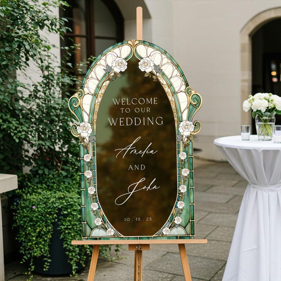 Sage Stained Glass Floral Wedding Sign, Frosted Cream Roses Wedding Welcome Sign, Printed Mirror Or Acrylic Wedding Entrance Sign