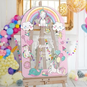 Letrero de bienvenida de cumpleaños de unicornio, letrero de cumpleaños de unicornio, decoraciones de fiesta de unicornio, póster de bienvenida con temática de unicornio rosa personalizado, suministros para fiestas