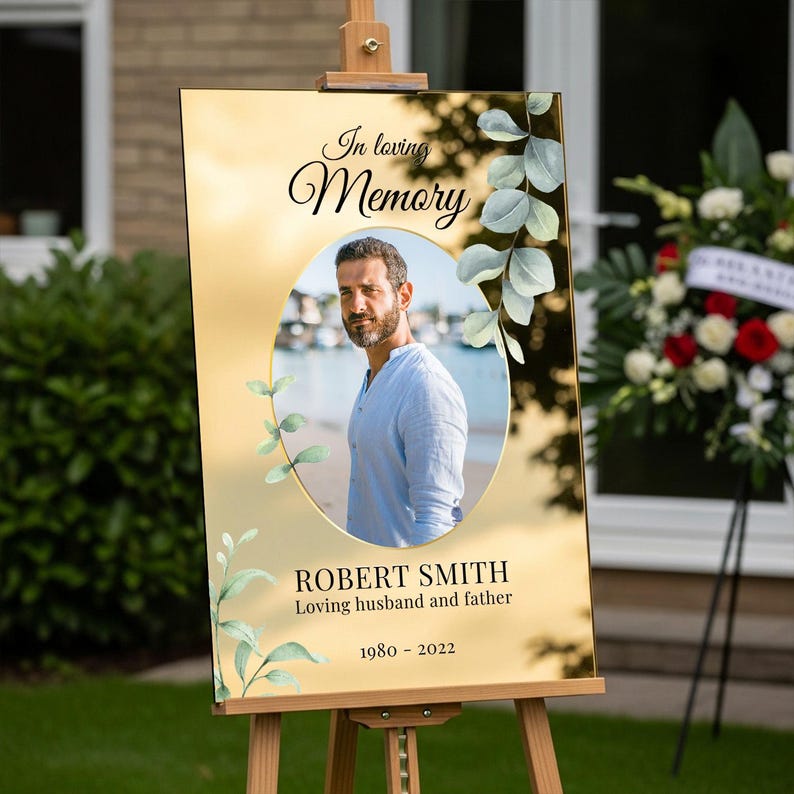 Funeral Sign, Custom in Loving Memory Photo Sign, Photo Funeral Sign, Funeral Memorial Sign, In Loving Memory Funeral Decorations Gold Acrylic Mirror