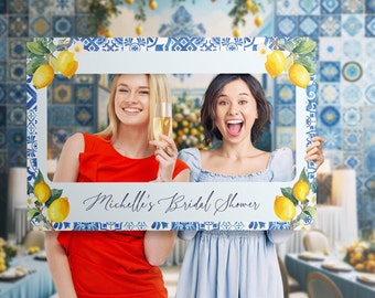 Blue Title Bridal Shower Photo Booth Frame, Custom Mediterranean Bridal Shower Selfie Photo Frame, Personalized Lemon Cutout Bridal Shower