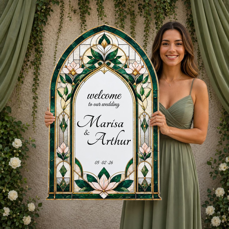 May include: An arched wedding welcome sign featuring a stained glass-style border with dark green and light pink floral patterns. The center white panel displays the text: welcome to our wedding, Marisa & Arthur, and the date 05-02-26.