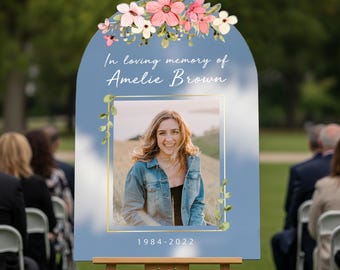 In Loving Memory Sign, Funeral Sign With Photo, Custom Funeral Welcome Sign, Celebration of Life Sign with Flowers, Memorial Sign