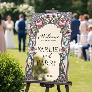 Stained Glass Wedding Sign, Pink Floral Mirror Wedding Welcome Sign, Printed Mirrored Or Acrylic Wedding Entrance Sign Gold Acrylic Mirror