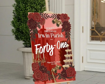 Floral Women’s Birthday Party Sign, Red Roses Women’s Birthday Party Welcome Sign, Custom Mirror Acrylic Sign For Birthday Party Decorations