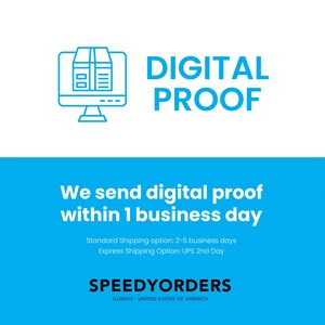 Może przedstawiać: Niebiesko-biała grafika z ikoną monitora komputerowego przedstawiającą paczkę na ekranie, wraz z napisem DIGITAL PROOF. Poniżej znajduje się tekst: We send digital proof within 1 business day. Nazwa marki SPEEDYORDERS znajduje się na dole.