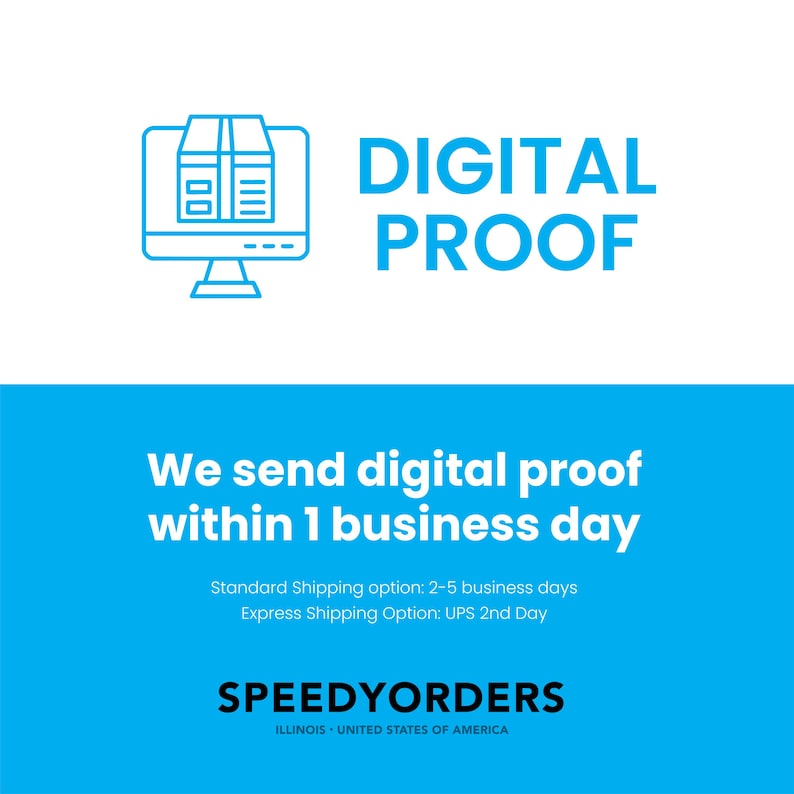 Może przedstawiać: Niebiesko-biała grafika z ikoną monitora komputerowego przedstawiającą paczkę na ekranie, wraz z napisem DIGITAL PROOF. Poniżej znajduje się tekst: We send digital proof within 1 business day. Nazwa marki SPEEDYORDERS znajduje się na dole.
