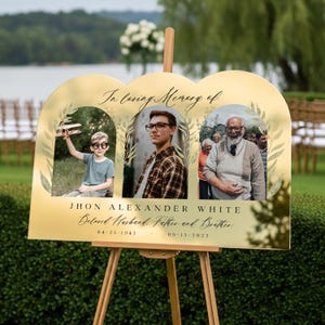 In Loving Memory Sign, Funeral Welcome Sign, Celebration of Life Welcome Sign, Personalized Memorial Sign With 3 Photo Collage Gold Acrylic Mirror