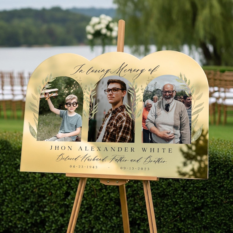 In Loving Memory Sign, Funeral Welcome Sign, Celebration of Life Welcome Sign, Personalized Memorial Sign With 3 Photo Collage Gold Acrylic Mirror