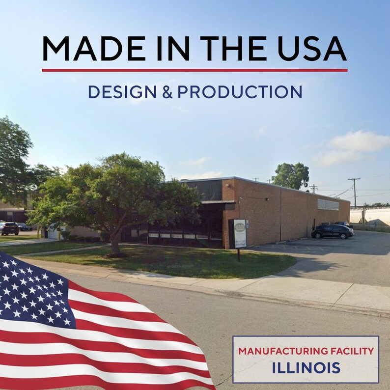 May include: A brick manufacturing facility building in Illinois with a large American flag in the foreground. The text reads MADE IN THE USA, DESIGN & PRODUCTION, and MANUFACTURING FACILITY ILLINOIS. The scene includes a tree and a parking lot.