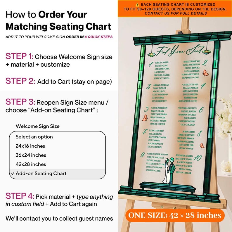 Emerald Green Stained Glass Wedding Sign Bundle, Seating Chart Sign, Vintage Order Of Events Sign, Wedding Table Numbers Add-on Seating Chart
