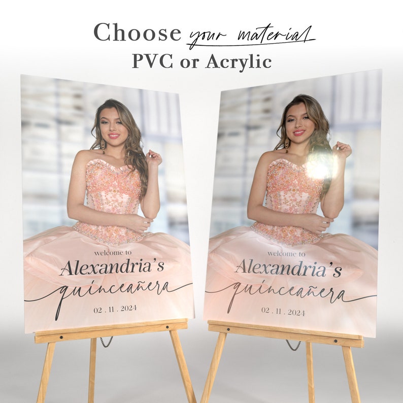 May include: Two welcome signs for a quincea&ntilde;era, featuring a photo of the quincea&ntilde;era in a pink dress. The signs are printed on a pink background with the text "Welcome to Alexandria's Quincea&ntilde;era" and the date "02.11.2024".