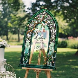 Emerald Green Stained Glass Wedding Sign Bundle, Seating Chart Sign, Vintage Order Of Events Sign, Wedding Table Numbers image 2