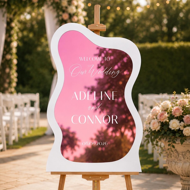 May include: A wavy-edged pink mirror wedding sign on a wooden easel. The sign features white text reading: WELCOME TO Our Wedding ADELINE and CONNOR 08.09.2026. The reflective surface shows a blurred outdoor scene with trees and light.