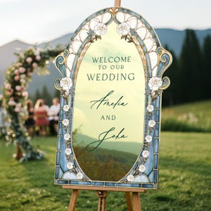 Stained Glass Wedding Sign, Roses Mirror Wedding Welcome Sign, Acrylic Wedding Entrance Sign, Wedding Decorations