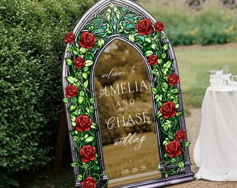 Roses Wedding Sign, Stained Glass Green Wedding Welcome Signs, Mirror or Acrylic Floral Wedding Signage
