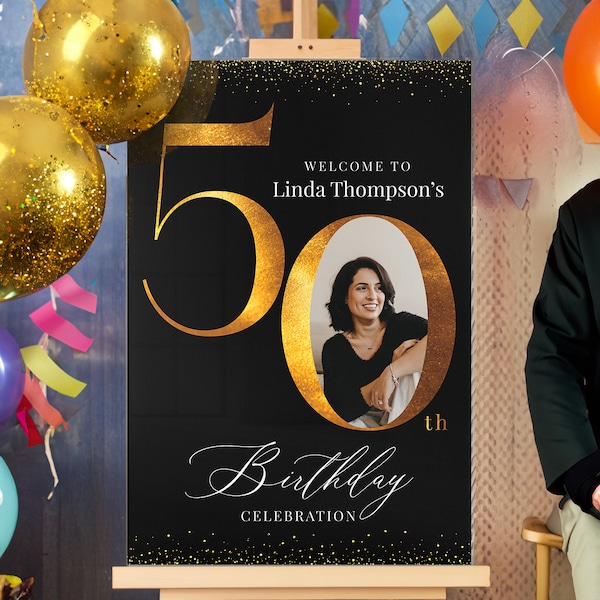50th Birthday Sign, 50th Birthday Welcome Sign with Photo, Fab At 50 Birthday Welcome Sign, Golden Birthday Sign, 50th Birthday Party Poster