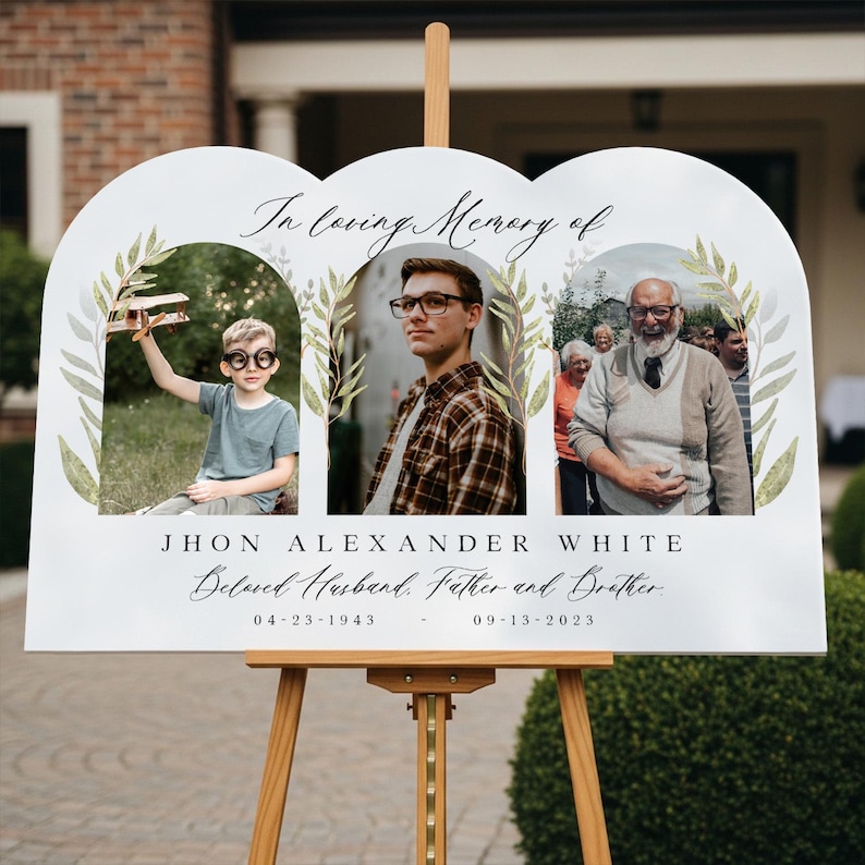 In Loving Memory Sign, Funeral Welcome Sign, Celebration of Life Welcome Sign, Personalized Memorial Sign With 3 Photo Collage PVC