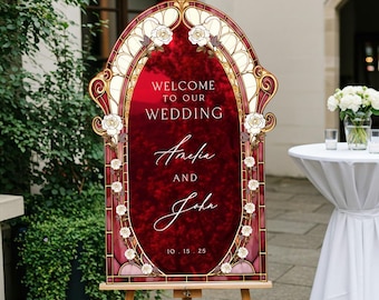 Burgundy Red Stained Glass Floral Wedding Sign, Cream Roses Frosted Wedding Welcome Sign, Printed Mirror Acrylic Wedding Entrance Sign