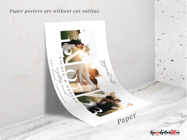 K&ouml;nnte beinhalten: Ein wei&szlig;es, rechteckiges Papierposter mit drei &uuml;bereinander angeordneten Fotos eines Paares. Der Text lautet Nicole & Robert, engagement party, getting married, San Diego, California, sowie die gro&szlig;en Zahlen 12.07.23. Das Poster hat keinen Schnittrand.