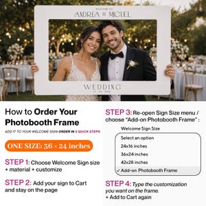 May include: A white rectangular photobooth frame featuring the text WELCOME TO ANDREA & MIGUEL and WEDDING 10.08.2026. The frame is shown being held by a couple, with instructional text below detailing a 36 x 24 inches size and ordering steps.