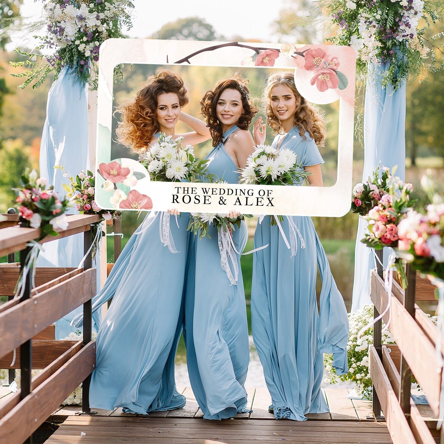 Custom Wedding Reception Photo Booth Prop Wedding After Party Photo Prop Pink Floral Wedding Selfie Frame Rehearsal Dinner