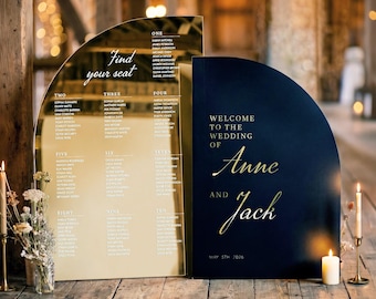 Arched Wedding Sign and Seating Chart Set, Minimalist Wedding Welcome Sign Bundle in Mirrored, Frosted or Acrylic, Custom Reception Signage