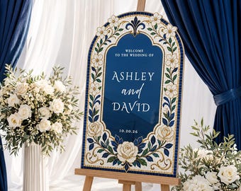 Navy Blue Wedding Welcome Sign, Cream Roses Stained Glass Wedding Sign, Printed Mirror Wedding Entrance Sign