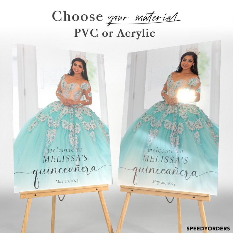 May include: Two welcome signs for a quincea&ntilde;era, featuring a photo of the quincea&ntilde;era in a turquoise gown with white lace. The signs are on wooden easels and have the text "Welcome to Melissa's Quincea&ntilde;era" and the date "May 20, 2023".