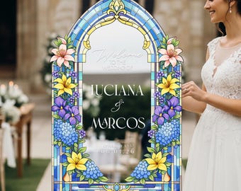 Floral Wedding Welcome Sign, Blue Wedding Signs, Mirror Welcome To the Wedding Of Signage, Wedding Favors