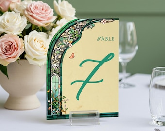 Emerald Green Wedding Table Numbers, Floral Wedding Table Signs, Frosted Acrylic Or Mirrors Table Numbers, Wedding Table Decorations