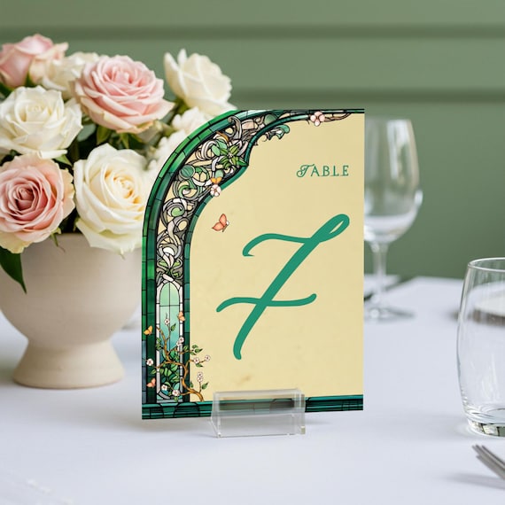 Emerald Green Wedding Table Numbers, Floral Wedding Table Signs, Frosted Acrylic Or Mirrors Table Numbers, Wedding Table Decorations