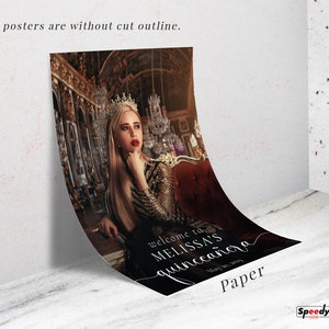 May include: A paper poster with a woman wearing a crown and a gold dress sitting on a red velvet chair in a grand room. The poster says "Welcome to Melissa's Quincea&ntilde;era" with the date "January 1st, 2023".