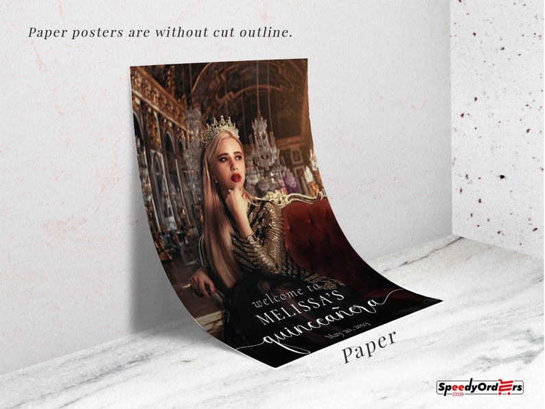May include: A paper poster with a woman wearing a crown and a gold dress sitting on a red velvet chair in a grand room. The poster says "Welcome to Melissa's Quincea&ntilde;era" with the date "January 1st, 2023".