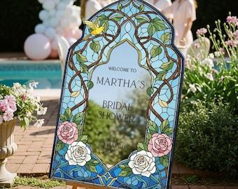 Floral bridal shower Sign, Stained Glass Bridal Shower Welcome Sign.  Roses Bridal Shower Mirror Signs