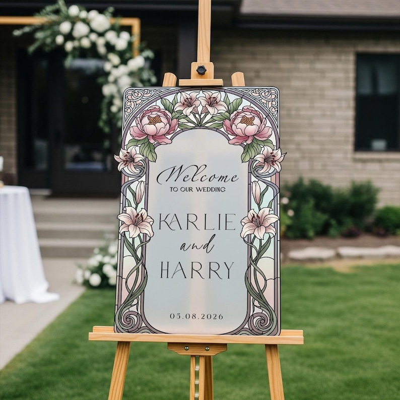 Stained Glass Wedding Sign, Pink Floral Mirror Wedding Welcome Sign, Printed Mirrored Or Acrylic Wedding Entrance Sign image 1