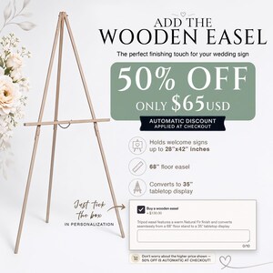 May include: A light-colored wooden tripod easel with a natural fir finish. The easel stands 68 inches tall as a floor display and converts to a 35-inch tabletop display. It is designed to hold signs up to 28 inches by 42 inches in size.