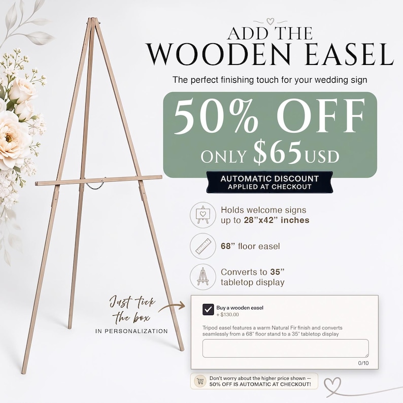 May include: A light-colored wooden tripod easel with a natural fir finish. The easel stands 68 inches tall as a floor display and converts to a 35-inch tabletop display. It is designed to hold signs up to 28 inches by 42 inches in size.