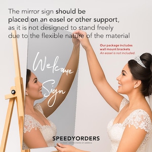 May include: A rectangular mirror sign with the white text Welcome Sign and the brand name SPEEDYORDERS ILLINOIS UNITED STATES OF AMERICA. The text states the mirror sign should be placed on an easel or other support and includes wall mount brackets.