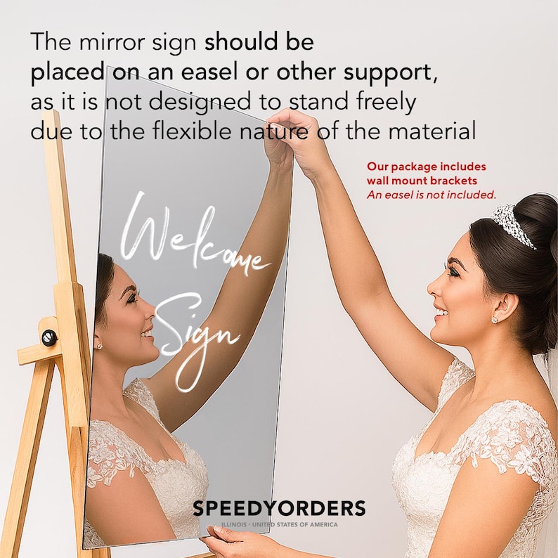 May include: A rectangular mirror sign with the white text Welcome Sign and the brand name SPEEDYORDERS ILLINOIS UNITED STATES OF AMERICA. The text states the mirror sign should be placed on an easel or other support and includes wall mount brackets.